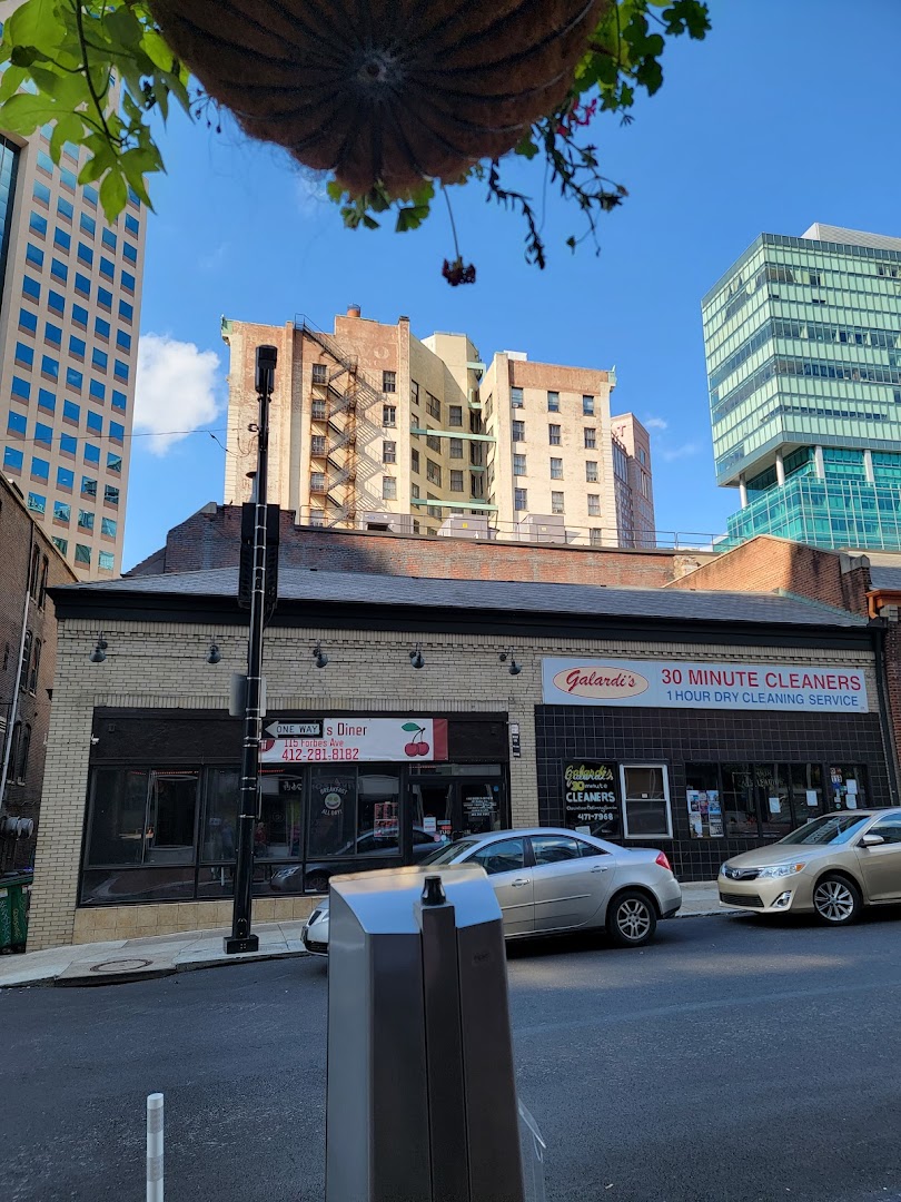 Galardi's Dry Cleaners storefront with Pittsburgh skyline in background